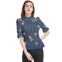 Illustration Cat Space Astronaut Rocket Maze Frill Neck Blouse