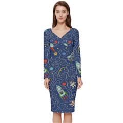 Illustration Cat Space Astronaut Rocket Maze Long Sleeve V-neck Bodycon Dress  by Ravend