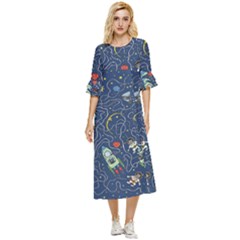 Illustration Cat Space Astronaut Rocket Maze Double Cuff Midi Dress by Ravend