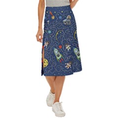 Illustration Cat Space Astronaut Rocket Maze Midi Panel Skirt by Ravend