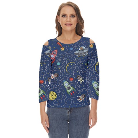 Illustration Cat Space Astronaut Rocket Maze Cut Out Wide Sleeve Top by Ravend