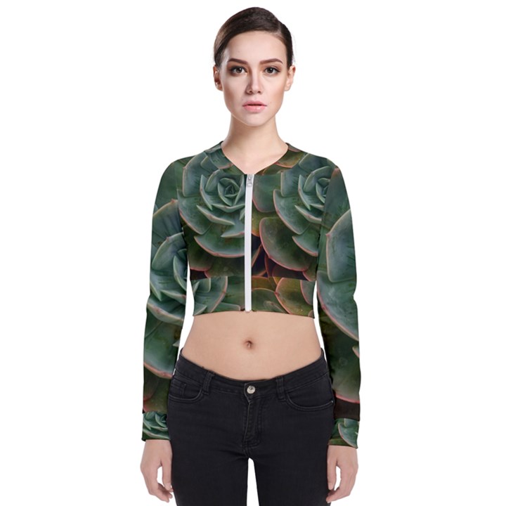 Green Orchid Plant Pattern Long Sleeve Zip Up Bomber Jacket