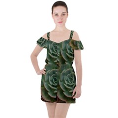 Green Orchid Plant Pattern Ruffle Cut Out Chiffon Playsuit by Ravend