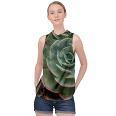 Green Orchid Plant Pattern High Neck Satin Top by Ravend