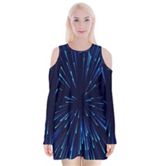 Particle Art Background Blue Velvet Long Sleeve Shoulder Cutout Dress