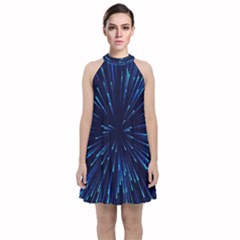 Particle Art Background Blue Velvet Halter Neckline Dress 