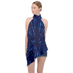 Particle Art Background Blue Halter Asymmetric Satin Top by Ravend