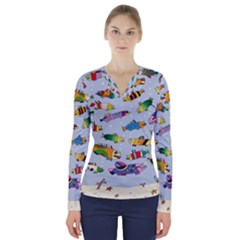 Fish Ocean Sea Water Diving Blue Nature V-neck Long Sleeve Top