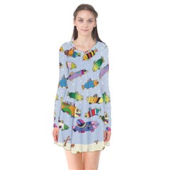 Fish Ocean Sea Water Diving Blue Nature Long Sleeve V-neck Flare Dress by Ravend