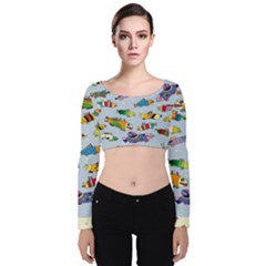 Fish Ocean Sea Water Diving Blue Nature Velvet Long Sleeve Crop Top by Ravend