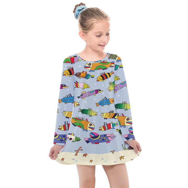 Fish Ocean Sea Water Diving Blue Nature Kids  Long Sleeve Dress