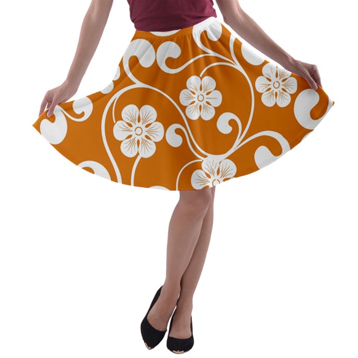 Orange Floral Walls  A-line Skater Skirt