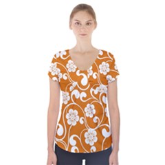 Orange Floral Walls  Short Sleeve Front Detail Top by ConteMonfrey