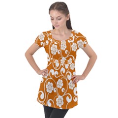 Orange Floral Walls  Puff Sleeve Tunic Top by ConteMonfrey