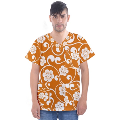 Orange Floral Walls  Men s V-neck Scrub Top by ConteMonfrey