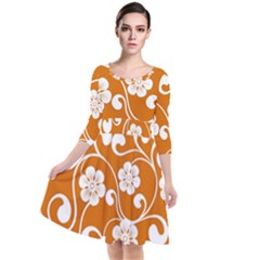 Orange Floral Walls  Quarter Sleeve Waist Band Dress