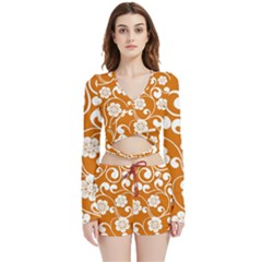 Orange Floral Walls  Velvet Wrap Crop Top And Shorts Set by ConteMonfrey