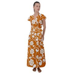 Orange Floral Walls  Flutter Sleeve Maxi Dress by ConteMonfrey