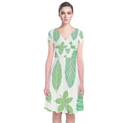 Watercolor Banana Leaves  Short Sleeve Front Wrap Dress