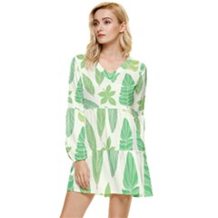 Watercolor Banana Leaves  Tiered Long Sleeve Mini Dress by ConteMonfrey