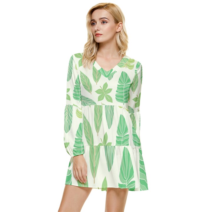 Watercolor Banana Leaves  Tiered Long Sleeve Mini Dress