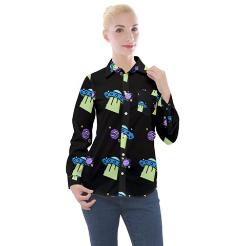 Illustration Cosmos Cosmo Rocket Spaceship -ufo Women s Long Sleeve Pocket Shirt by danenraven