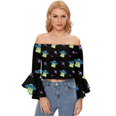 Illustration Cosmos Cosmo Rocket Spaceship -ufo Off Shoulder Flutter Bell Sleeve Top by danenraven