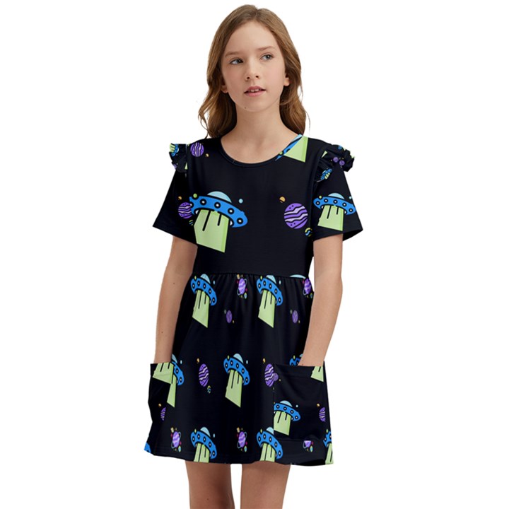 Illustration Cosmos Cosmo Rocket Spaceship -ufo Kids  Frilly Sleeves Pocket Dress