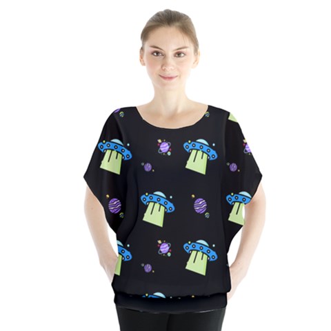 Illustration Cosmos Cosmo Rocket Spaceship Ufo Batwing Chiffon Blouse by danenraven