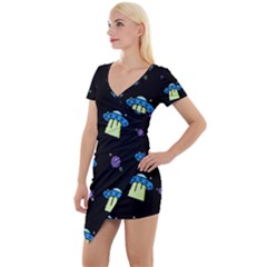 Illustration Cosmos Cosmo Rocket Spaceship Ufo Short Sleeve Asymmetric Mini Dress by danenraven