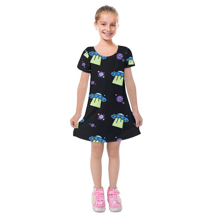 Illustration Cosmos Cosmo Rocket Spaceship Ufo Kids  Short Sleeve Velvet Dress