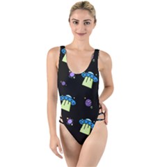 Illustration Cosmos Cosmo Rocket Spaceship Ufo High Leg Strappy Swimsuit