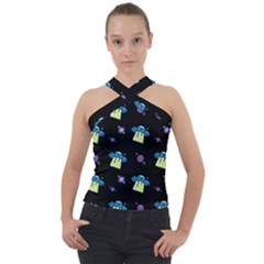 Illustration Cosmos Cosmo Rocket Spaceship Ufo Cross Neck Velour Top