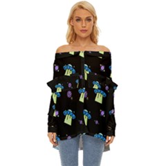 Illustration Cosmos Cosmo Rocket Spaceship Ufo Off Shoulder Chiffon Pocket Shirt