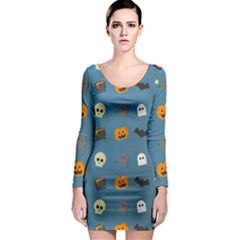 Halloween Cat Pumpkin Pattern Bat Horror Long Sleeve Bodycon Dress by danenraven