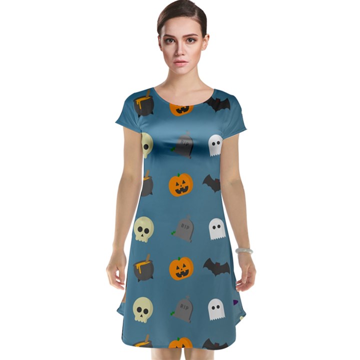 Halloween Cat Pumpkin Pattern Bat Horror Cap Sleeve Nightdress