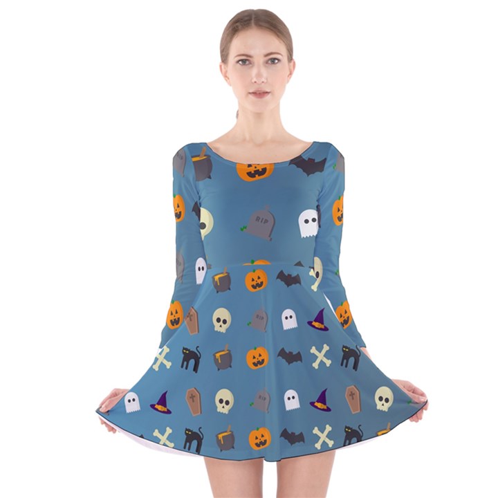 Halloween Cat Pumpkin Pattern Bat Horror Long Sleeve Velvet Skater Dress