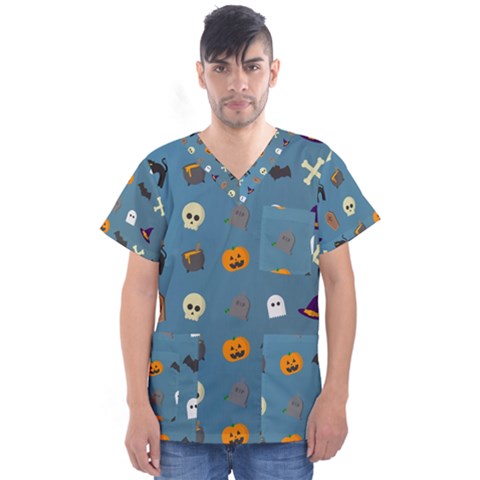 Halloween Cat Pumpkin Pattern Bat Horror Men s V-neck Scrub Top by danenraven