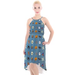 Halloween Cat Pumpkin Pattern Bat Horror High-low Halter Chiffon Dress  by danenraven