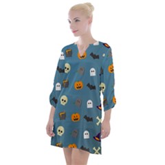 Halloween Cat Pumpkin Pattern Bat Horror Open Neck Shift Dress by danenraven