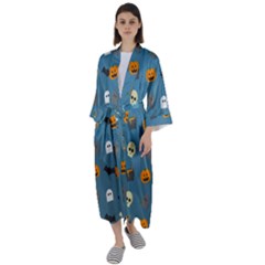 Halloween Cat Pumpkin Pattern Bat Horror Maxi Satin Kimono