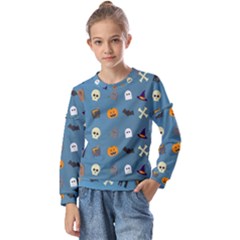 Halloween Cat Pumpkin Pattern Bat Horror Kids  Long Sleeve Tee With Frill 