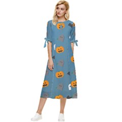 Halloween Cat Pumpkin Pattern Bat Horror Bow Sleeve Chiffon Midi Dress by danenraven