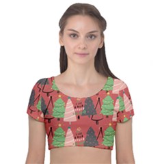 Christmas Tree Icon Velvet Short Sleeve Crop Top  by danenraven