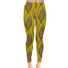 Yellow Brown Minimalist Leaves  Leggings  by ConteMonfrey