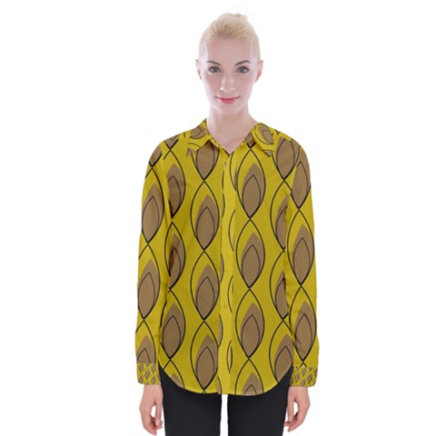 Yellow Brown Minimalist Leaves  Womens Long Sleeve Shirt by ConteMonfrey