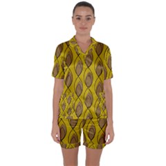 Yellow Brown Minimalist Leaves  Satin Short Sleeve Pajamas Set by ConteMonfrey