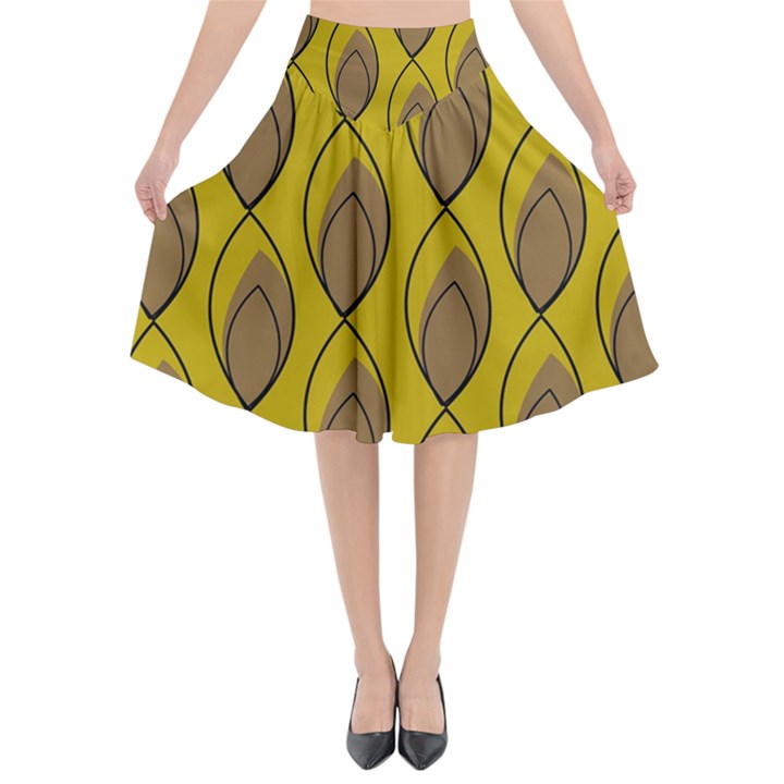 Yellow Brown Minimalist Leaves  Flared Midi Skirt