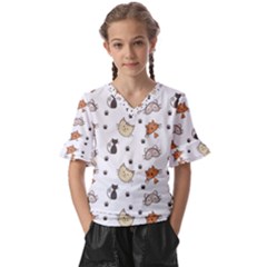 Cute Cat Kitten Animal Design Pattern Kids  V-neck Horn Sleeve Blouse by danenraven