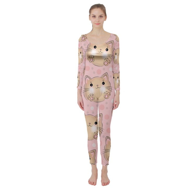 Cat Pattern Pink Background Long Sleeve Catsuit